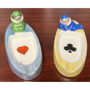 2 Art Deco Jester Clown Lusterware Personal Card Suit Ashtray Dish Hearts Clubs